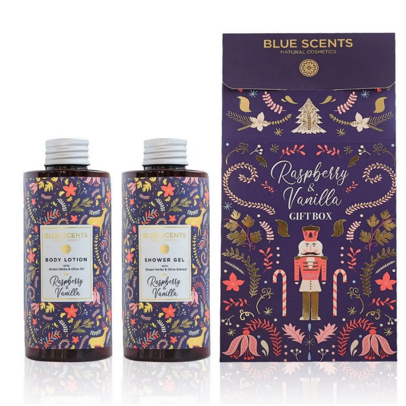 blue-scents-promo-gift-box-raspberry-k-vanilla-afroloutro-somatos-300ml-k-enudatiko-galaktoma-somatos-300ml