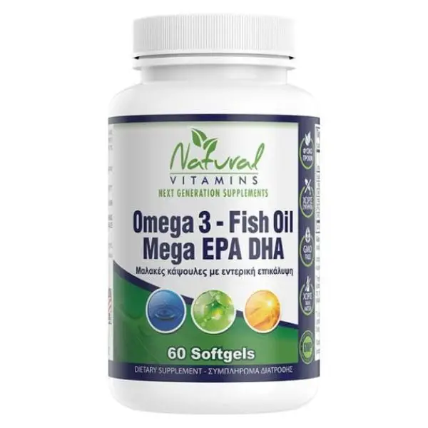 NAT4532 Natural Vitamins Omega 3 Fish Oil Mega EPA DHA Χωρίς Επίγευση Ψαριού 60 μαλακές κάψουλες - Image 1